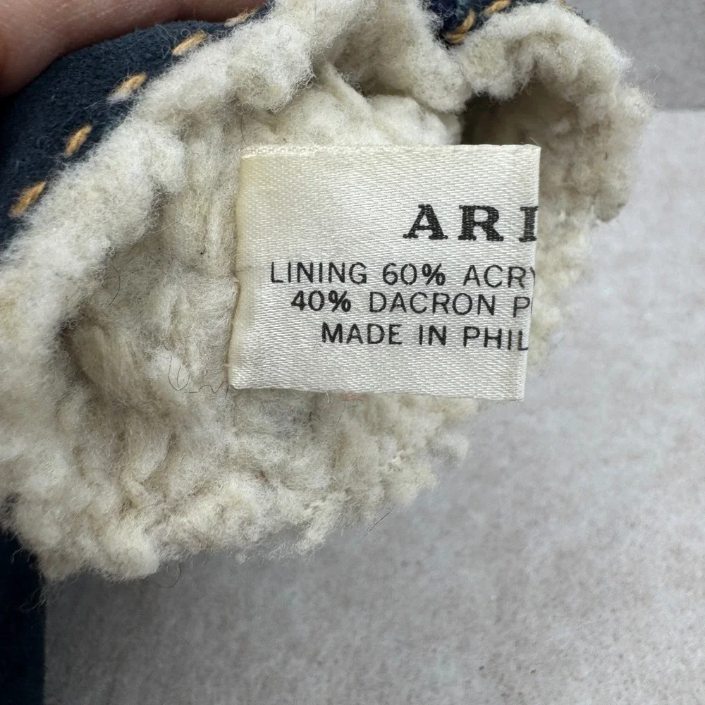 Vintage Aris Navy Blue Suede Shearling Lined Gloves Contrast Stitch Small Winter